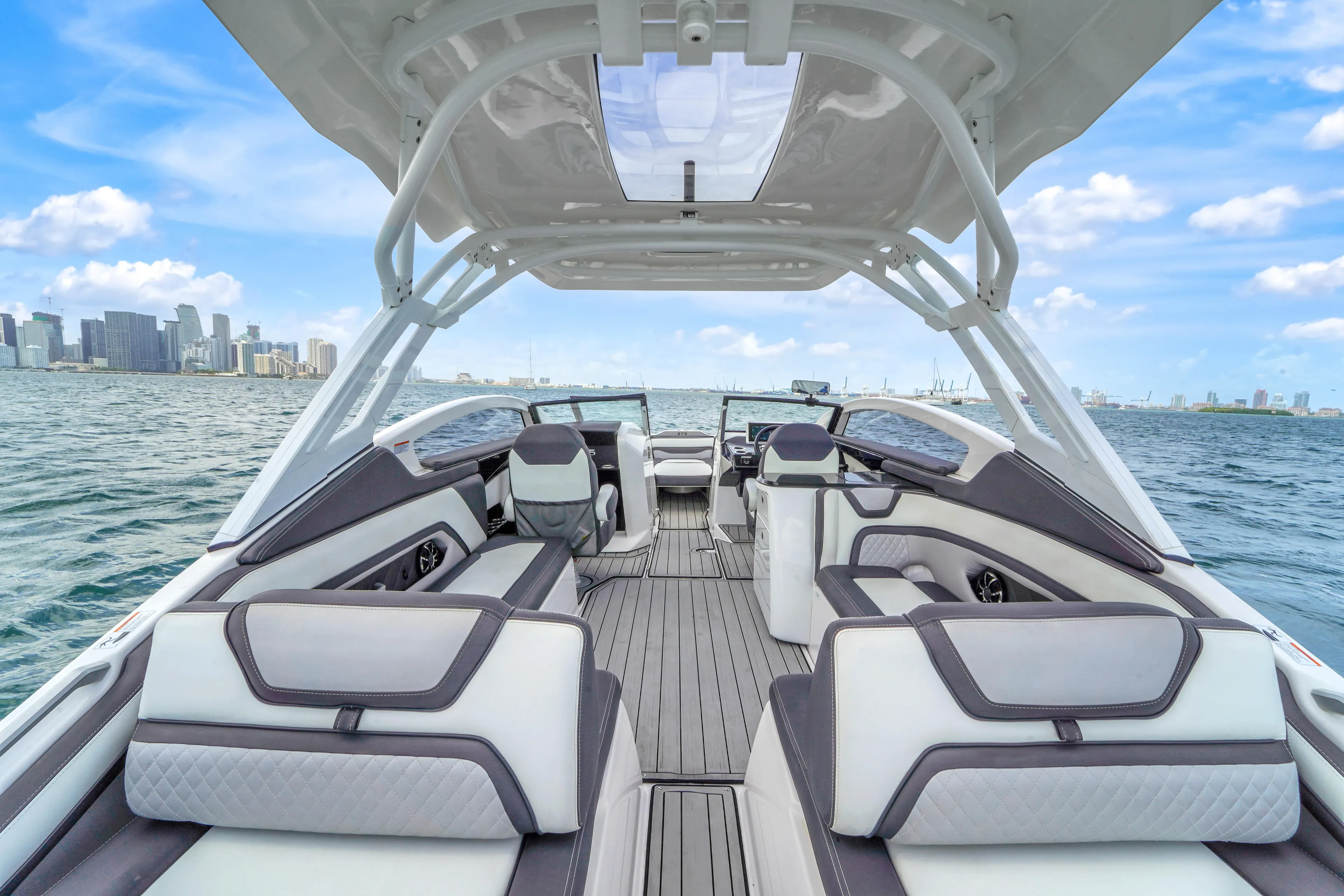 Interior view framed by the boat canopy