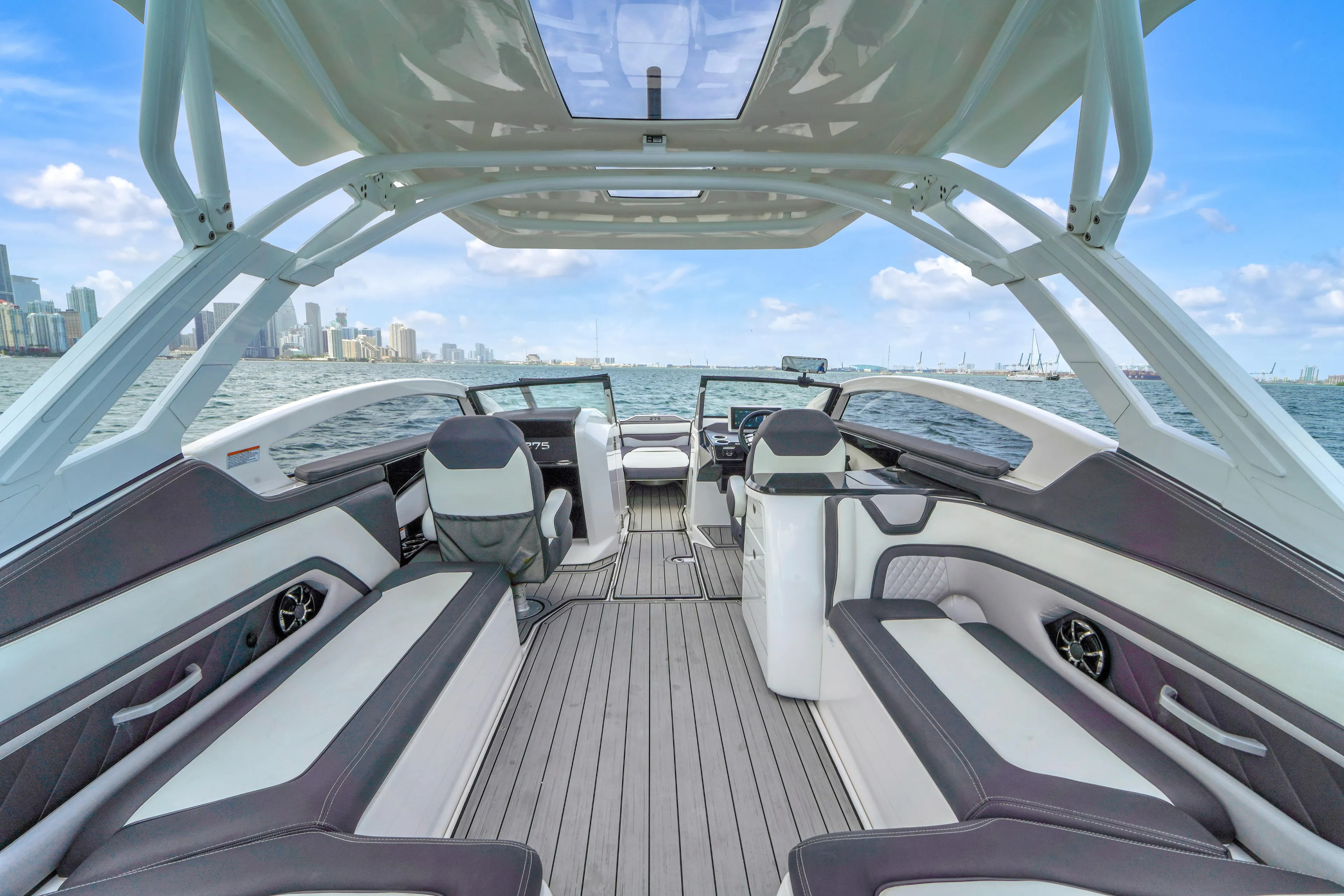 Interior walkway and seating aboard The Content Boat